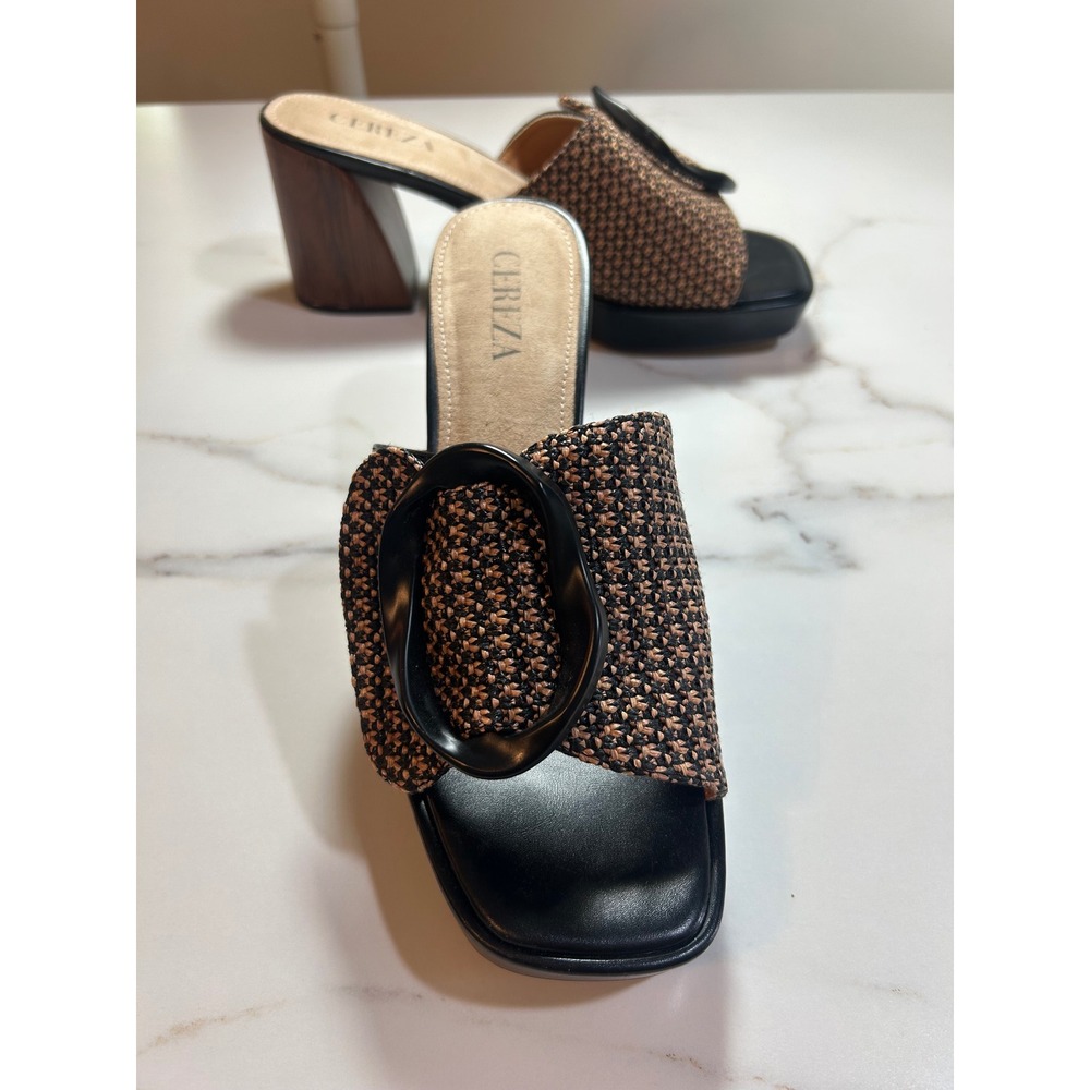 Cereza‎ Womens Black Tan Woven Buckle Platform Block Wood Heel Mules Size 41